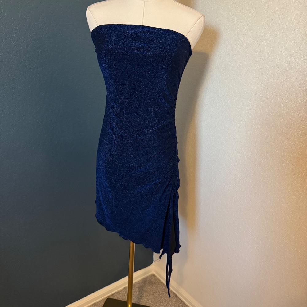 Y2K Clubwear Metallic Ruched Asymmetrical Mini Dress Large Blue
